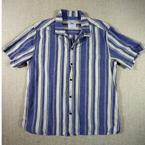 Katin Men M Blue White Stripe Linen Blend Short Sleeve Casual Beach Button Shirt